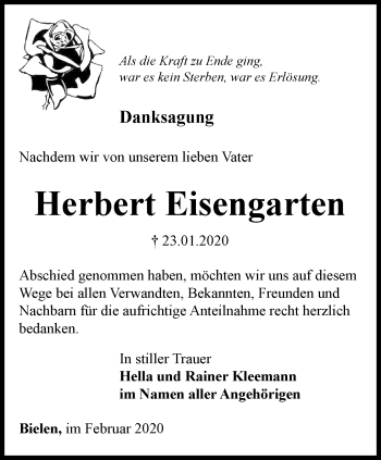 Traueranzeige von Herbert Eisengarten von Thüringer Allgemeine