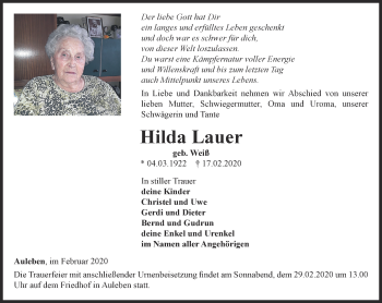 Traueranzeige von Hilda Lauer von Thüringer Allgemeine