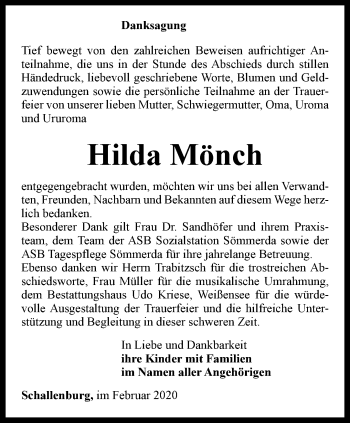 Traueranzeige von Hilda Mönch von Thüringer Allgemeine