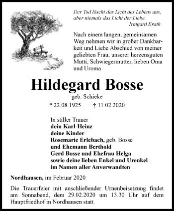 Traueranzeige von Hildegard Bosse von Thüringer Allgemeine