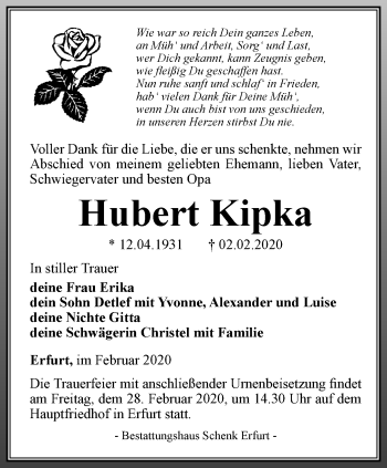 Traueranzeige von Hubert Kipka von Thüringer Allgemeine, Thüringische Landeszeitung