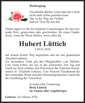 Traueranzeige von Hubert Lüttich von Thüringer Allgemeine, Thüringische Landeszeitung
