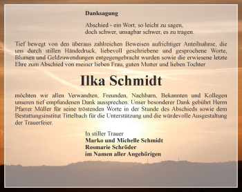 Traueranzeige von Ilka Schmidt von Thüringer Allgemeine