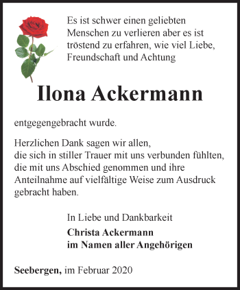 Traueranzeige von Ilona Ackermann von Ostthüringer Zeitung, Thüringische Landeszeitung