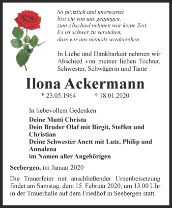 Traueranzeige von Ilona Ackermann von Ostthüringer Zeitung, Thüringische Landeszeitung