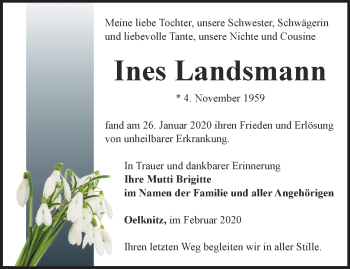 Traueranzeige von Ines Landsmann von Ostthüringer Zeitung, Thüringische Landeszeitung