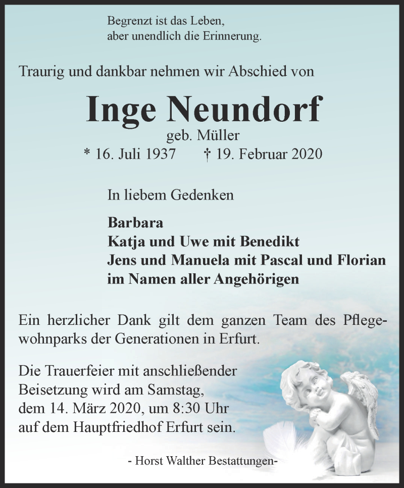  Traueranzeige für Inge Neundorf vom 29.02.2020 aus Thüringer Allgemeine, Thüringische Landeszeitung