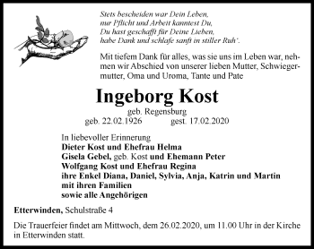 Traueranzeige von Ingeborg Kost von Thüringer Allgemeine, Thüringische Landeszeitung