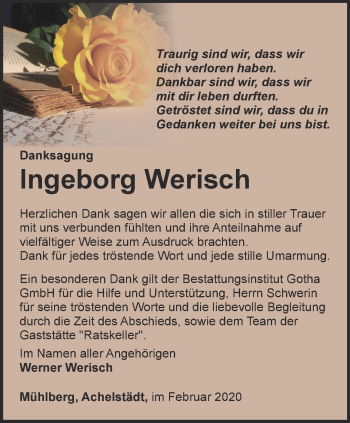 Traueranzeige von Ingeborg Werisch von Ostthüringer Zeitung, Thüringische Landeszeitung