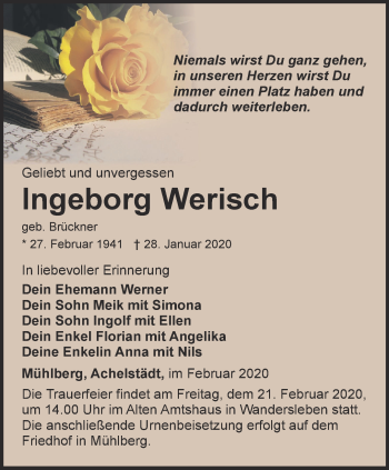 Traueranzeige von Ingeborg Werisch von Ostthüringer Zeitung, Thüringische Landeszeitung