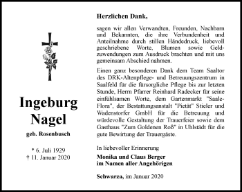 Traueranzeige von Ingeburg Nagel von Ostthüringer Zeitung