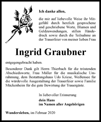 Traueranzeige von Ingrid Graubner von Thüringer Allgemeine