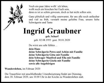 Traueranzeige von Ingrid Graubner von Thüringer Allgemeine