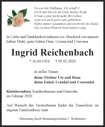 Traueranzeige von Ingrid Reichenbach von Thüringer Allgemeine