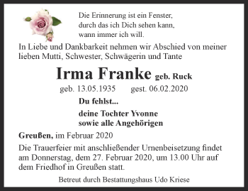 Traueranzeige von Irma Franke von Thüringer Allgemeine