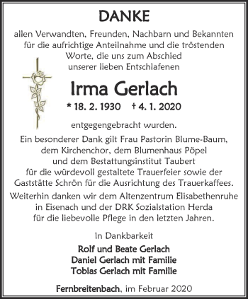 Traueranzeige von Irma Gerlach von Thüringer Allgemeine, Thüringische Landeszeitung