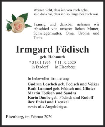 Traueranzeige von Irmgard Födisch von Ostthüringer Zeitung