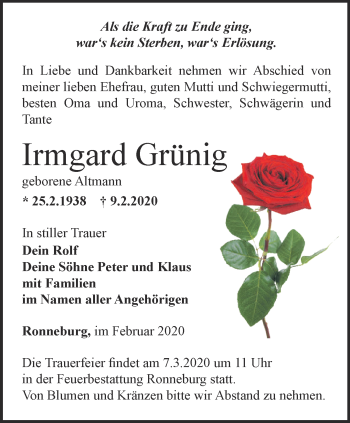 Traueranzeige von Irmgard Grünig von Ostthüringer Zeitung