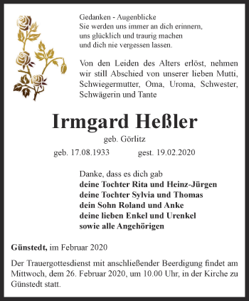 Traueranzeige von Irmgard Heßler von Thüringer Allgemeine
