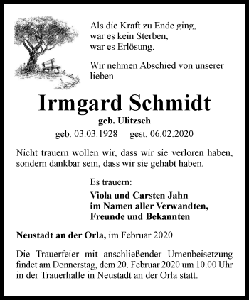 Traueranzeige von Irmgard Schmidt