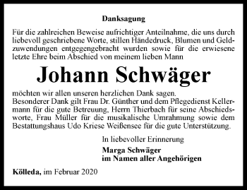 Traueranzeige von Johann Schwäger von Thüringer Allgemeine