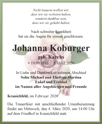 Traueranzeige von Johanna Koburger von Thüringer Allgemeine, Thüringische Landeszeitung