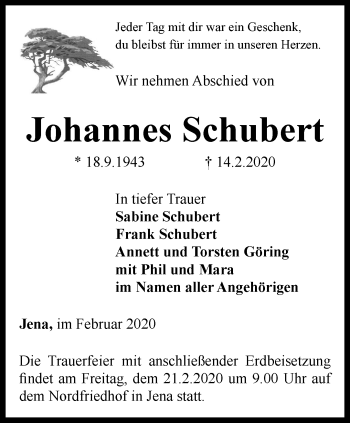 Traueranzeige von Johannes Schubert von Ostthüringer Zeitung, Thüringische Landeszeitung