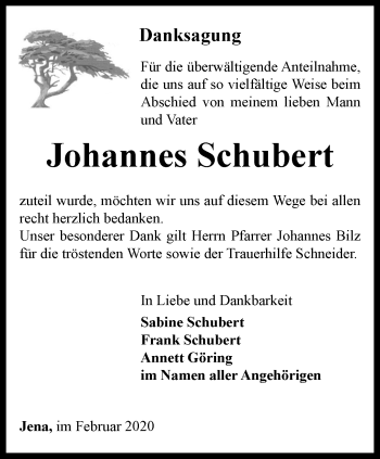 Traueranzeige von Johannes Schubert von Ostthüringer Zeitung, Thüringische Landeszeitung