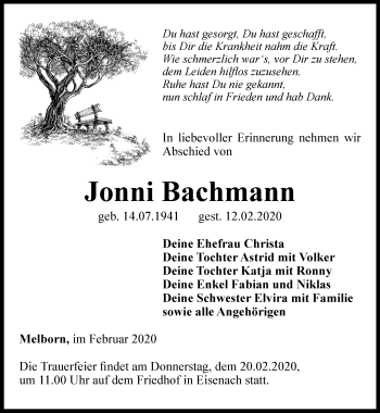 Traueranzeige von Jonni Bachmann von Thüringer Allgemeine, Thüringische Landeszeitung