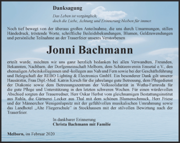 Traueranzeige von Jonni Bachmann von Thüringer Allgemeine, Thüringische Landeszeitung