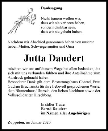 Traueranzeige von Jutta Daudert von Ostthüringer Zeitung