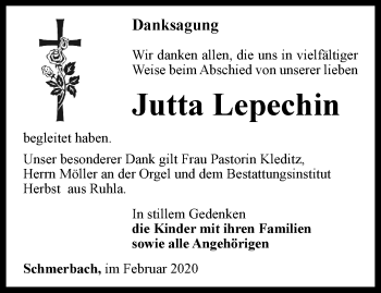 Traueranzeige von Jutta Lepechin von Ostthüringer Zeitung, Thüringische Landeszeitung