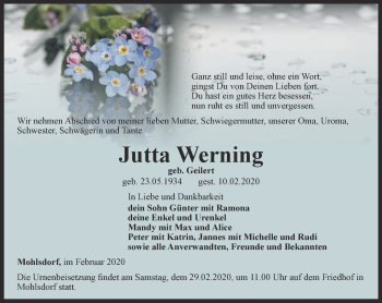 Traueranzeige von Jutta Werning von Ostthüringer Zeitung