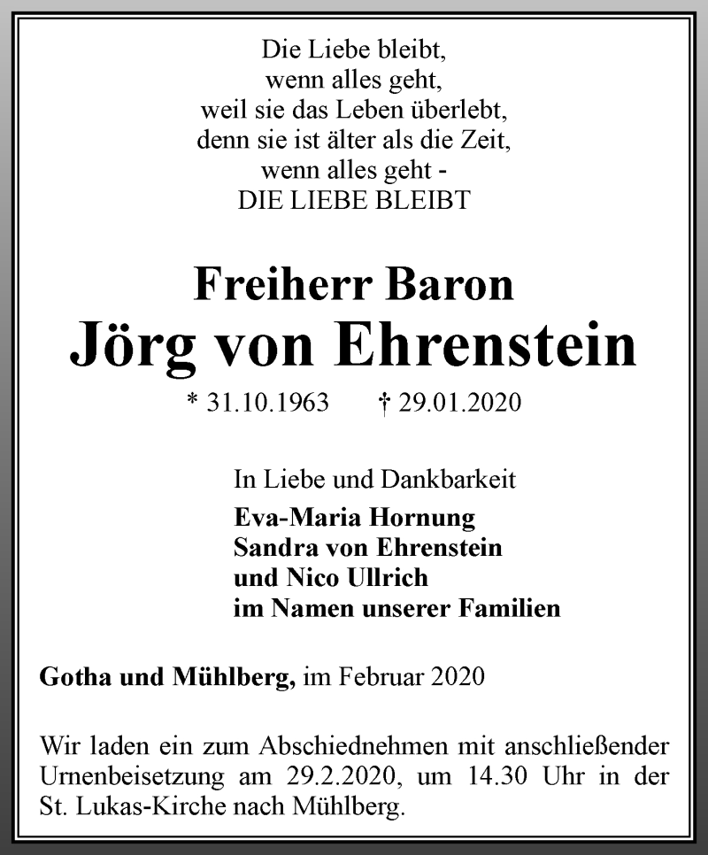  Traueranzeige für Jörg von Ehrenstein vom 15.02.2020 aus Ostthüringer Zeitung, Thüringische Landeszeitung