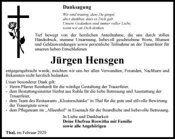 Traueranzeige von Jürgen Hensgen von Thüringer Allgemeine, Thüringische Landeszeitung