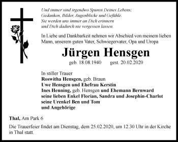 Traueranzeige von Jürgen Hensgen von Thüringer Allgemeine, Thüringische Landeszeitung