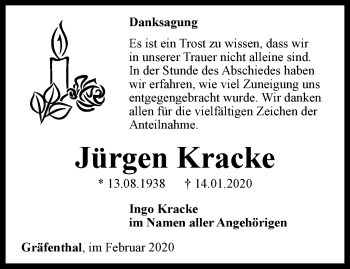 Traueranzeige von Jürgen Kracke von Ostthüringer Zeitung