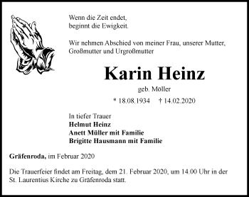 Traueranzeige von Karin Heinz von Thüringer Allgemeine