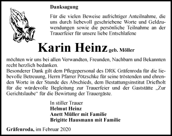 Traueranzeige von Karin Heinz von Thüringer Allgemeine