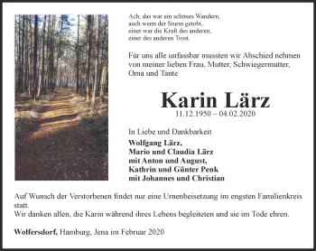 Traueranzeige von Karin Lärz von Ostthüringer Zeitung, Thüringische Landeszeitung