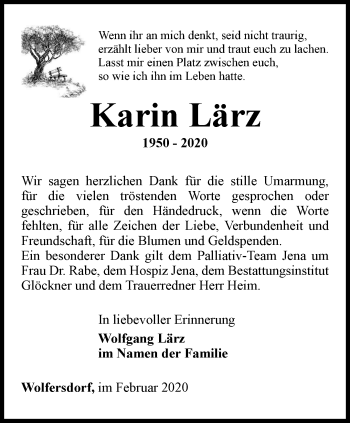 Traueranzeige von Karin Lärz von Ostthüringer Zeitung