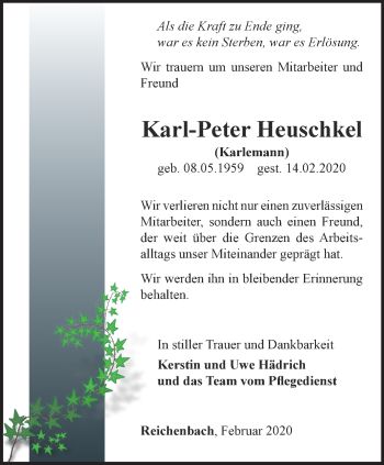 Traueranzeige von Karl-Peter Heuschkel von Ostthüringer Zeitung