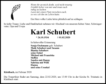 Traueranzeige von Karl Schubert von Thüringer Allgemeine, Thüringische Landeszeitung