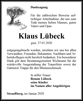 Traueranzeige von Klaus Lübeck von Thüringer Allgemeine