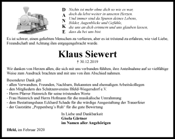 Traueranzeige von Klaus Siewert von Thüringer Allgemeine