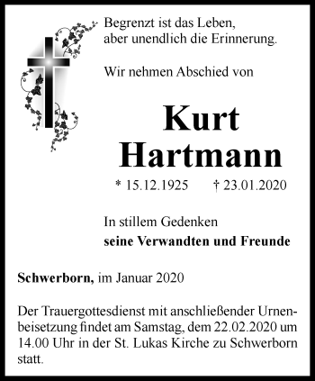 Traueranzeige von Kurt Hartmann von Thüringer Allgemeine, Thüringische Landeszeitung