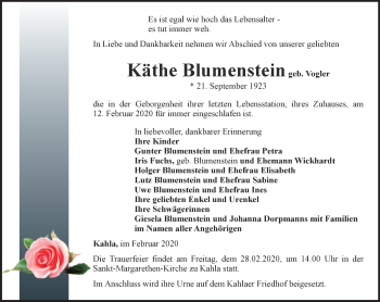 Traueranzeige von Käthe Blumenstein von Ostthüringer Zeitung, Thüringische Landeszeitung