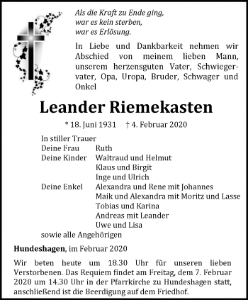 Traueranzeige von Leander Riemekasten von Thüringer Allgemeine