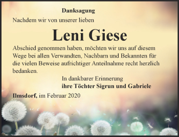 Traueranzeige von Leni Giese von Ostthüringer Zeitung