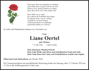 Traueranzeige von Liane Oertel von Ostthüringer Zeitung